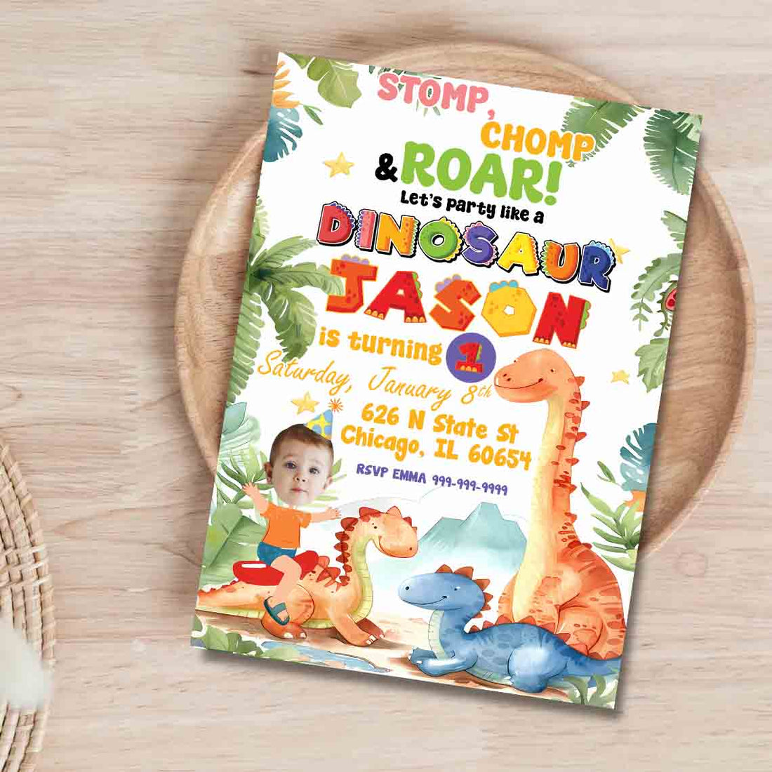 Dinosaur 1st Birthday Invitation – Stomp, Chomp & Roar Party Card – Personalized Digital Invite with Photo