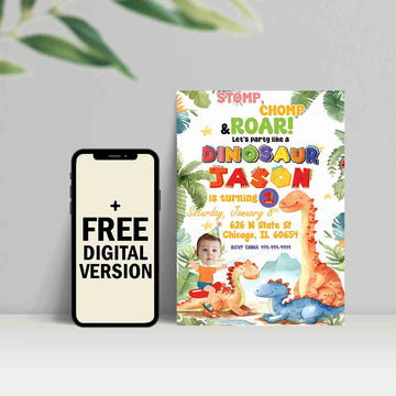 Dinosaur 1st Birthday Invitation – Stomp, Chomp & Roar Party Card – Personalized Digital Invite with Photo