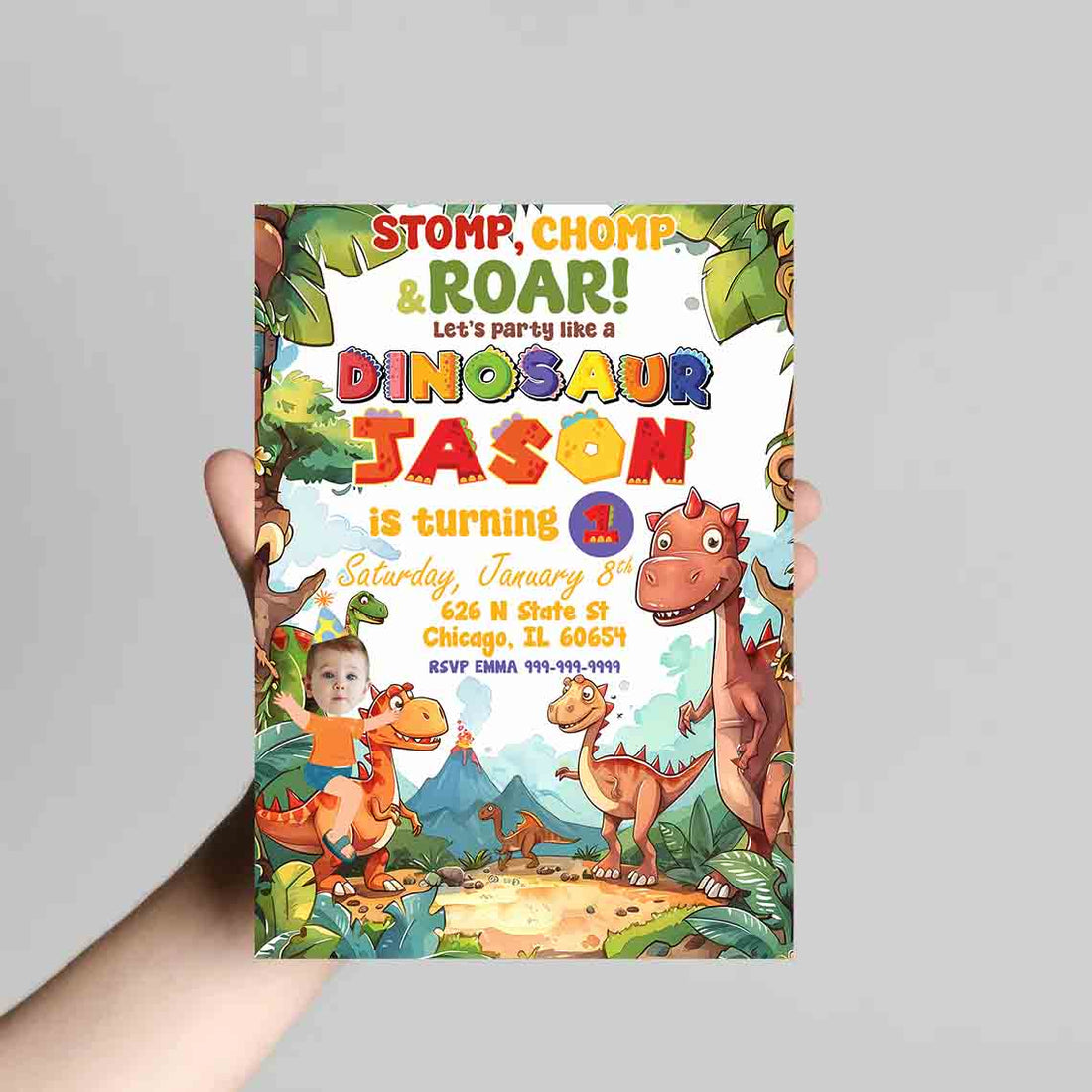 Dinosaur Birthday Invitation Card Stomp Chomp Roar Party