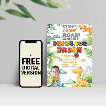 Dinosaur Stomp Chomp Roar Birthday Invitation Card Photo Customization