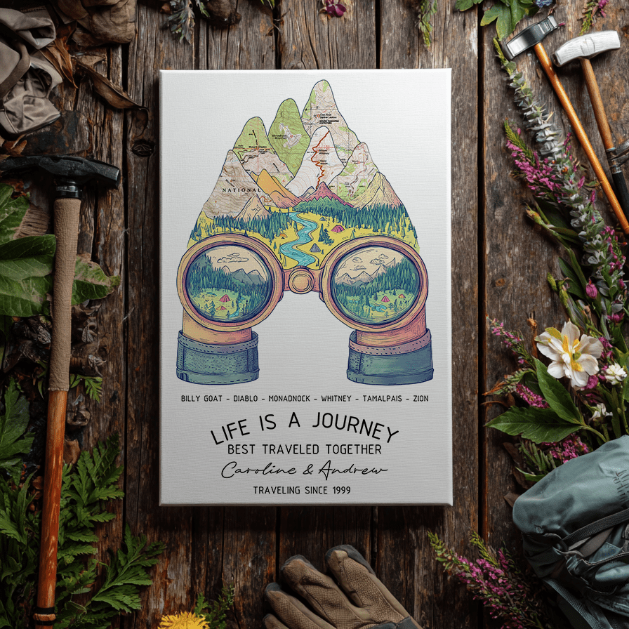 Wildtify Personalized Hiking Mountains Binoculars Map Wall Art Customized