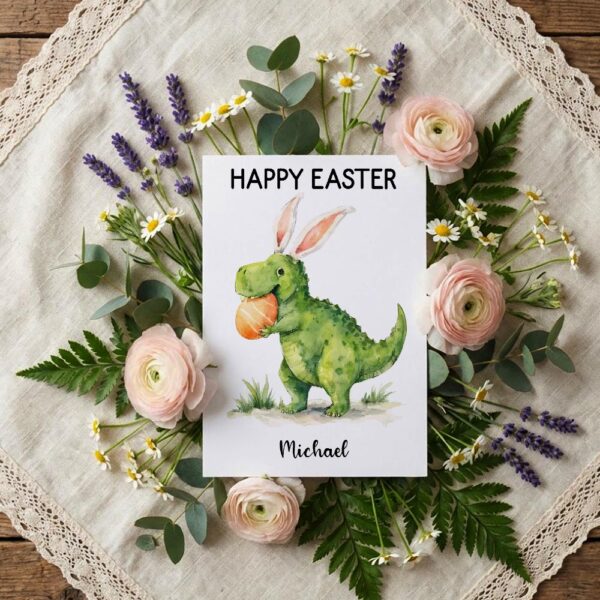 Adorable T Rex Holding Egg Card Creative Monster Easter Last Minute Digital Greeting