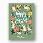 Aesthetic Bunnies in Wildflower Garden Card Dark Green Nature Customizable Watercolor Greeting