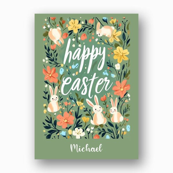 Aesthetic Bunnies in Wildflower Garden Card Dark Green Nature Customizable Watercolor Greeting