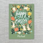 Aesthetic Bunnies in Wildflower Garden Card Dark Green Nature Customizable Watercolor Greeting