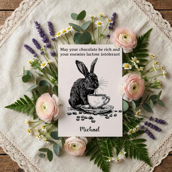 Aesthetic Bunny with Coffee Mug Funny Morning Easter Customizable Watercolor Greeting