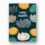 Aesthetic Cat And Egg Pattern Happy Easter Card Dark Teal Pet Instant Download 5X7 Greeting Template