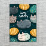 Aesthetic Cat And Egg Pattern Happy Easter Card Dark Teal Pet Instant Download 5X7 Greeting Template