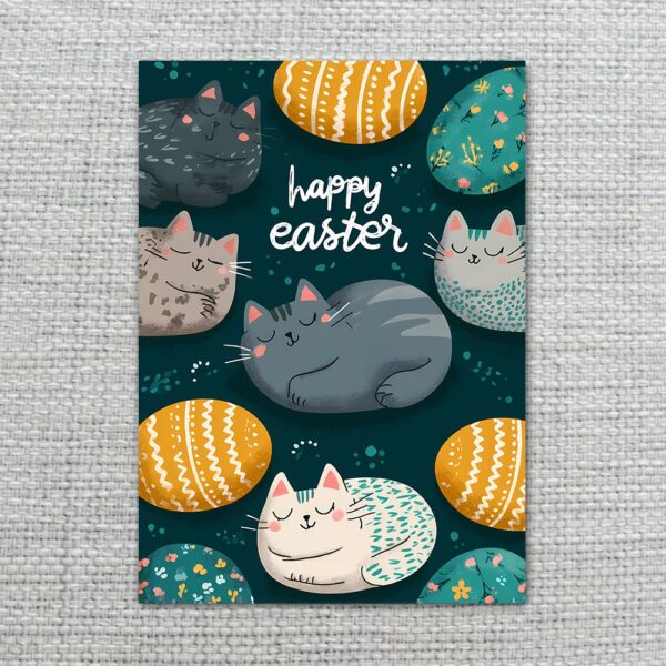 Aesthetic Cat And Egg Pattern Happy Easter Card Dark Teal Pet Instant Download 5X7 Greeting Template