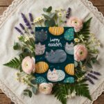 Aesthetic Cat And Egg Pattern Happy Easter Card Dark Teal Pet Instant Download 5X7 Greeting Template