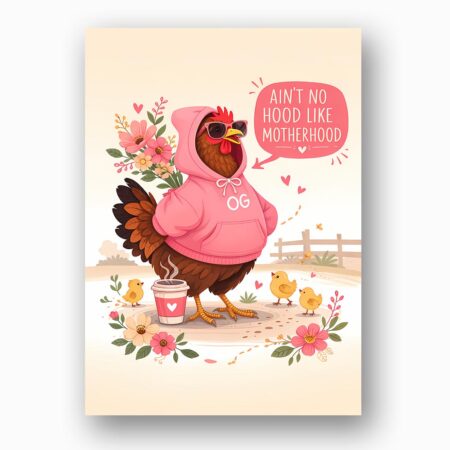 Aint No Hood Like Motherhood Chicken Pink Hoodie Sunglasses Pun Instant Printable Watercolor Card