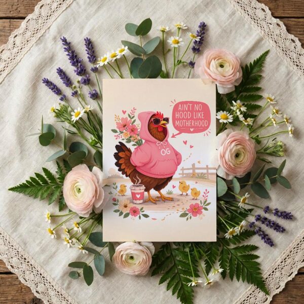Aint No Hood Like Motherhood Chicken Pink Hoodie Sunglasses Pun Instant Printable Watercolor Card
