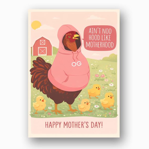 Aint No Hood Like Motherhood Hen Chicken Pink Hoodie Pun Modern Digital Stationery Card