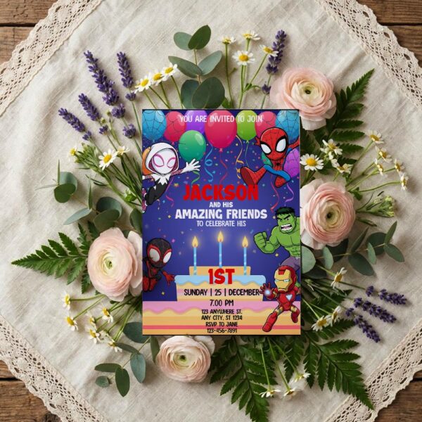 Amazing Friends Superheroes Balloons Cake Quick Download Greeting Card