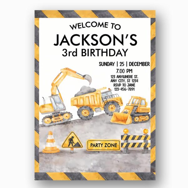 Birthday Construction Site Excavator Dump Truck Home Print Floral Card