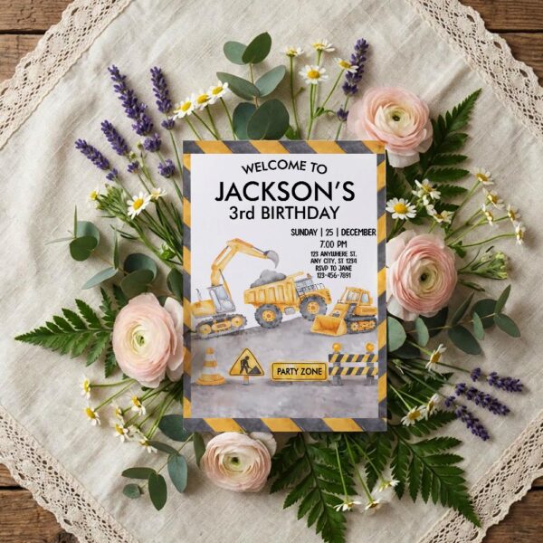 Birthday Construction Site Excavator Dump Truck Home Print Floral Card