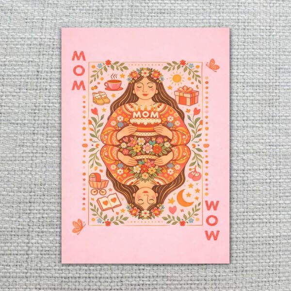 Boho Mom Wow Playing Card Style Vintage Pink Floral Art Instant Download Greeting