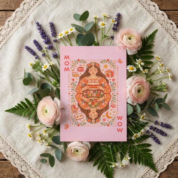 Boho Mom Wow Playing Card Style Vintage Pink Floral Art Instant Download Greeting