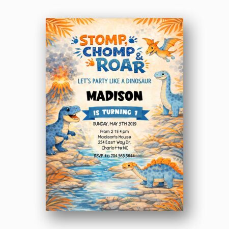 Bright Blue Sky Dinosaur Watercolor Volcano Ready To Print Digital Card