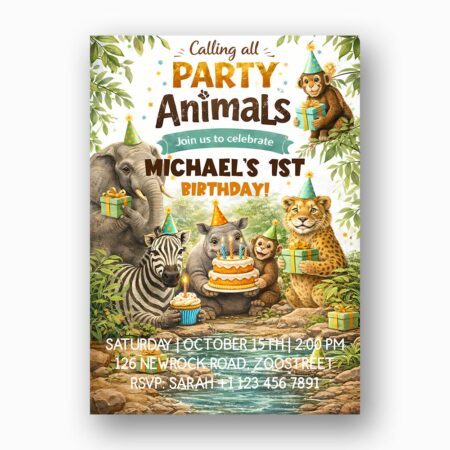 Calling All Party Animals Jungle Elephant Zebra Monkey Leopard Customizable Watercolor Greeting