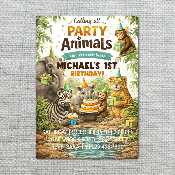 Calling All Party Animals Jungle Elephant Zebra Monkey Leopard Customizable Watercolor Greeting