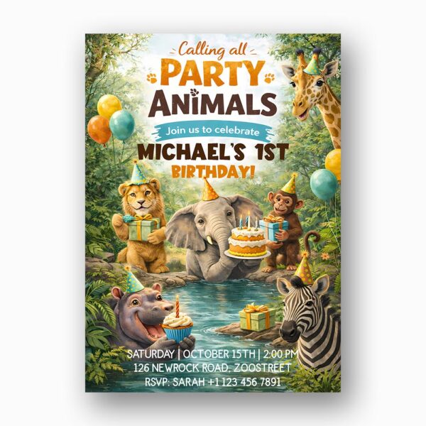 Calling All Party Animals Lion Hippo Elephant Zebra Jungle Balloons Diy Watercolor Digital Card