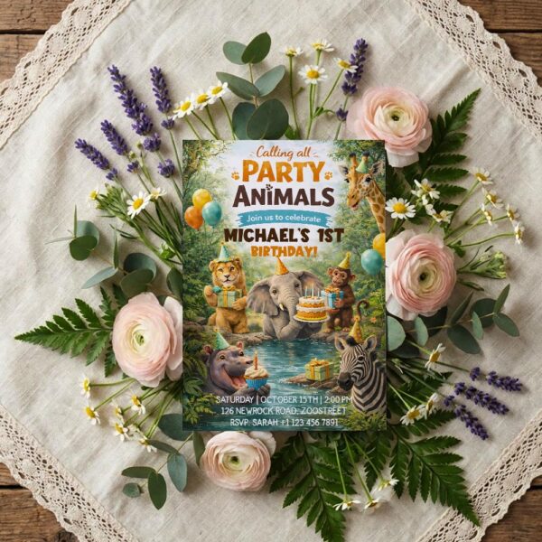 Calling All Party Animals Lion Hippo Elephant Zebra Jungle Balloons Diy Watercolor Digital Card