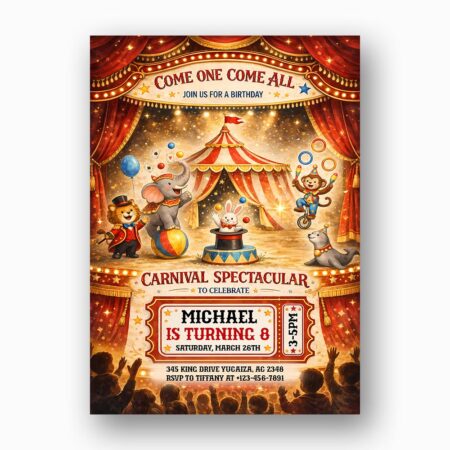 Carnival Circus Spectacular Red White Stripes Elephant Lion Monkey Instant Download Greeting