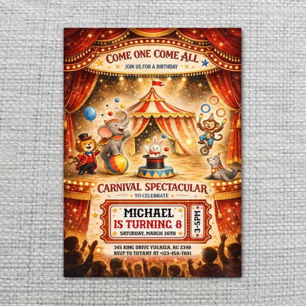 Carnival Circus Spectacular Red White Stripes Elephant Lion Monkey Instant Download Greeting