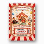 Carnival Spectacular Red White Stripes Fox Bear Rabbit Circus Professional Quality Printable Card