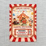 Carnival Spectacular Red White Stripes Fox Bear Rabbit Circus Professional Quality Printable Card