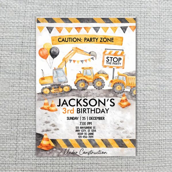 Caution Party Zone Construction Vehicles Balloons Instant Digital Download Card