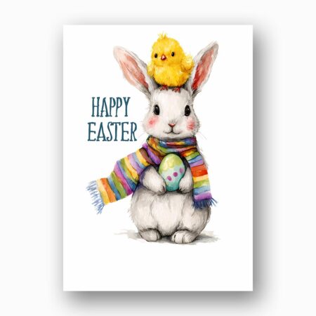 Charming Scarfed Bunny with Easter Chick Vibrant Watercolor Instant Download Greeting