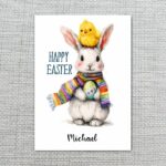 Charming Scarfed Bunny with Easter Chick Vibrant Watercolor Instant Download Greeting