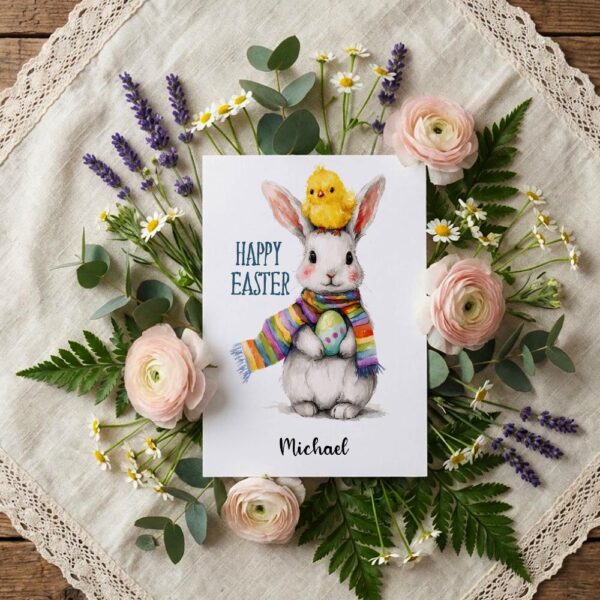 Charming Scarfed Bunny with Easter Chick Vibrant Watercolor Instant Download Greeting