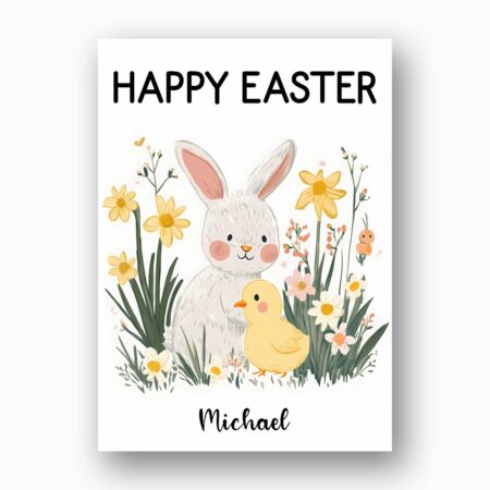 Classic Bunny and Baby Chick Happy Easter Floral Garden Quick Download Greeting Card