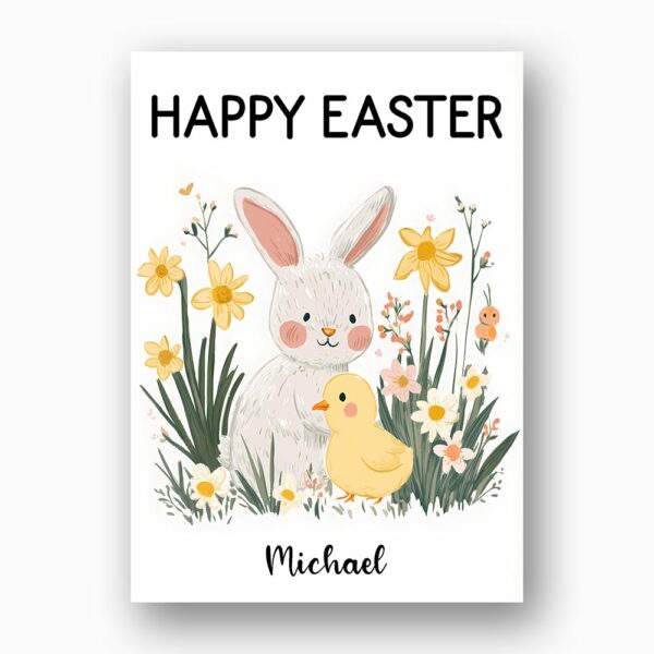 Classic Bunny and Baby Chick Happy Easter Floral Garden Quick Download Greeting Card