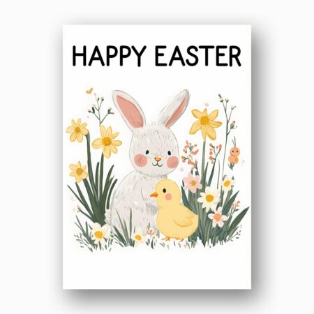 Classic Bunny and Baby Chick Happy Easter Floral Garden Quick Download Greeting Card