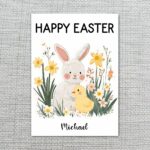 Classic Bunny and Baby Chick Happy Easter Floral Garden Quick Download Greeting Card