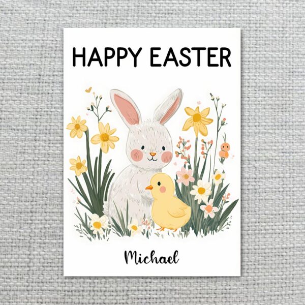 Classic Bunny and Baby Chick Happy Easter Floral Garden Quick Download Greeting Card