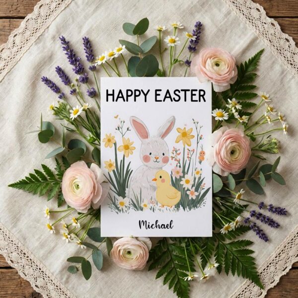 Classic Bunny and Baby Chick Happy Easter Floral Garden Quick Download Greeting Card