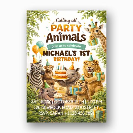 Colorful Party Animals Lion Zebra Giraffe Jungle Editable Home Printing File