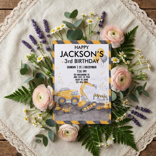 Construction Vehicles Excavator Dump Truck Editable Digital Greeting Template