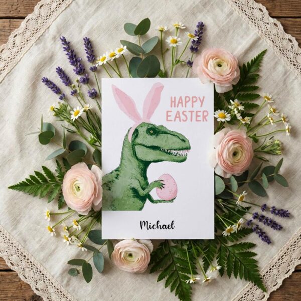 Cool T Rex with Pink Bunny Ears Unique Easter Custom Digital Greeting File