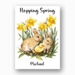 Cozy Bunny Family in Meadow Card Heartwarming Spring Modern Digital Stationery Card