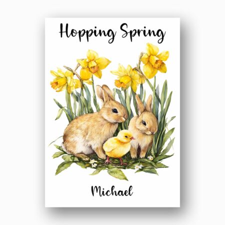 Cozy Bunny Family in Meadow Card Heartwarming Spring Modern Digital Stationery Card