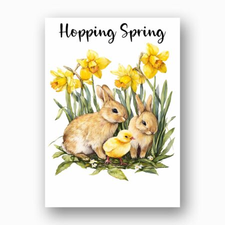 Cozy Bunny Family in Meadow Card Heartwarming Spring Modern Digital Stationery Card
