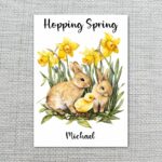 Cozy Bunny Family in Meadow Card Heartwarming Spring Modern Digital Stationery Card