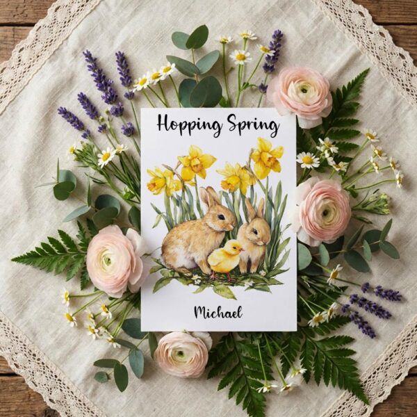 Cozy Bunny Family in Meadow Card Heartwarming Spring Modern Digital Stationery Card