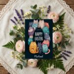 Cuddly Cat Pile Happy Easter Card Kawaii Animal Downloadable Home Print Card